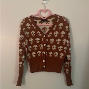 Brown Skull Pattern Cropped Sweater